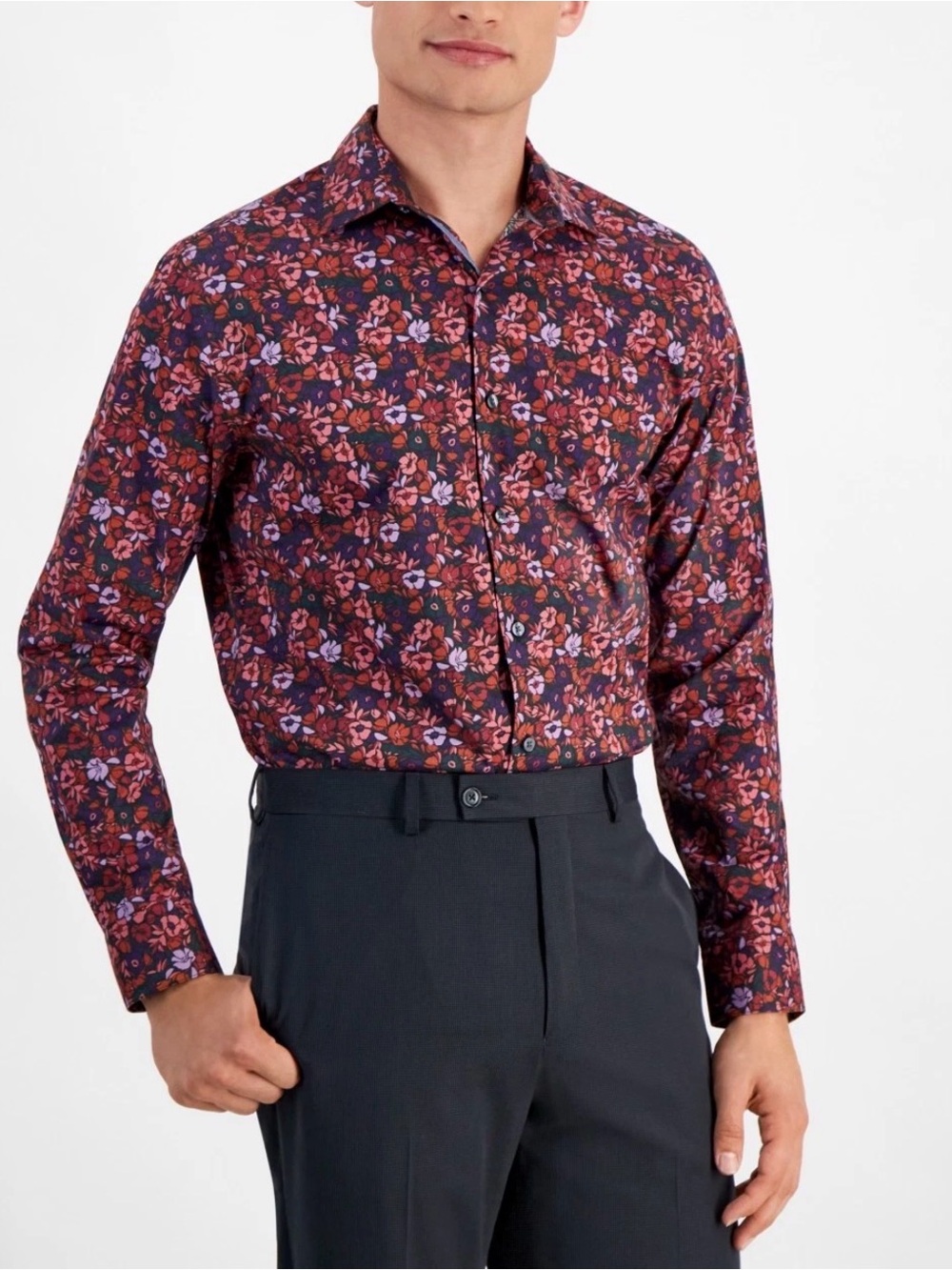 Bar III Men's Slim-Fit Floral Printed Button Down Dress Shirt Red Wine Multi S
